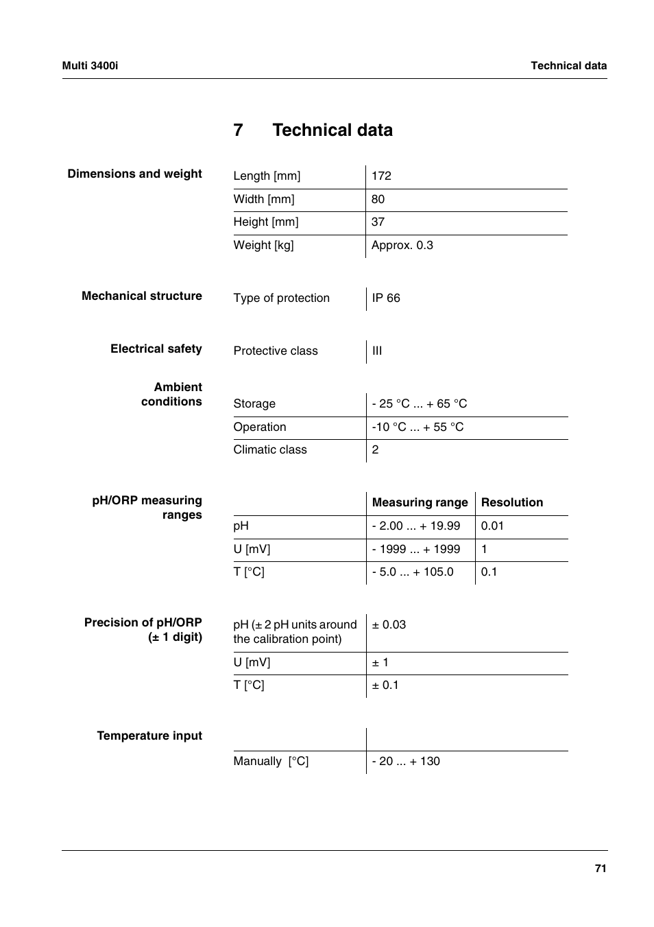 7 technical data, Technical data, Chapter 7 t | Echnical, Data, Ee chapter 7 t, 7technical data | Xylem MULTI 3400 MULTI-PARAMETER METERS User Manual | Page 71 / 85