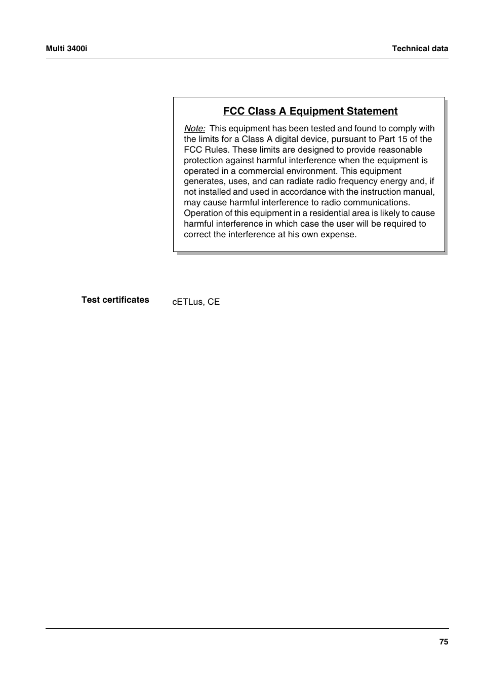 Fcc class a equipment statement | Xylem MULTI 3400 MULTI-PARAMETER METERS User Manual | Page 75 / 85