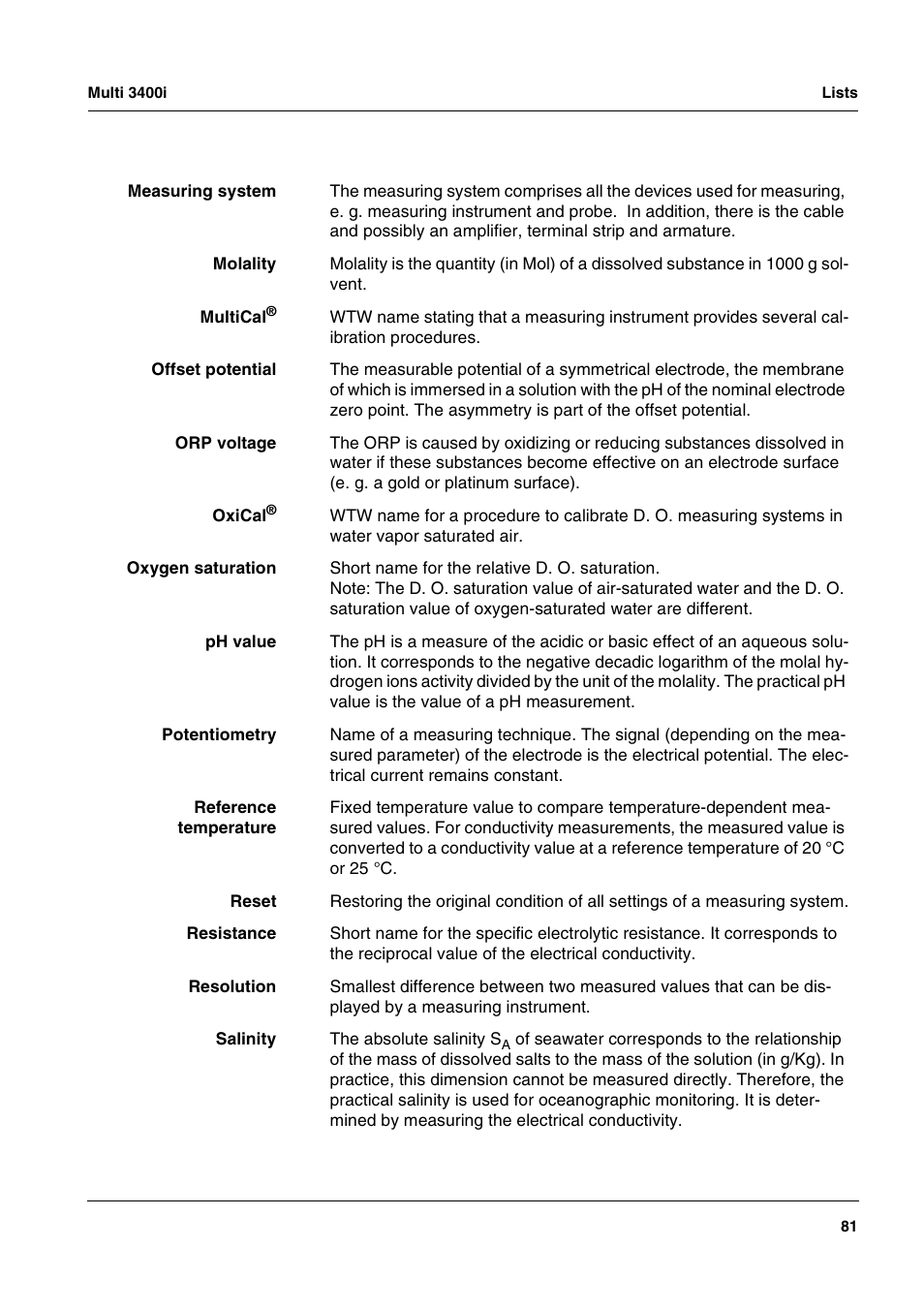 Xylem MULTI 3400 MULTI-PARAMETER METERS User Manual | Page 81 / 85