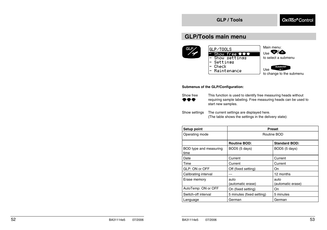 Glp/tools main menu | Xylem OxiTopIS OC100 User Manual | Page 53 / 103