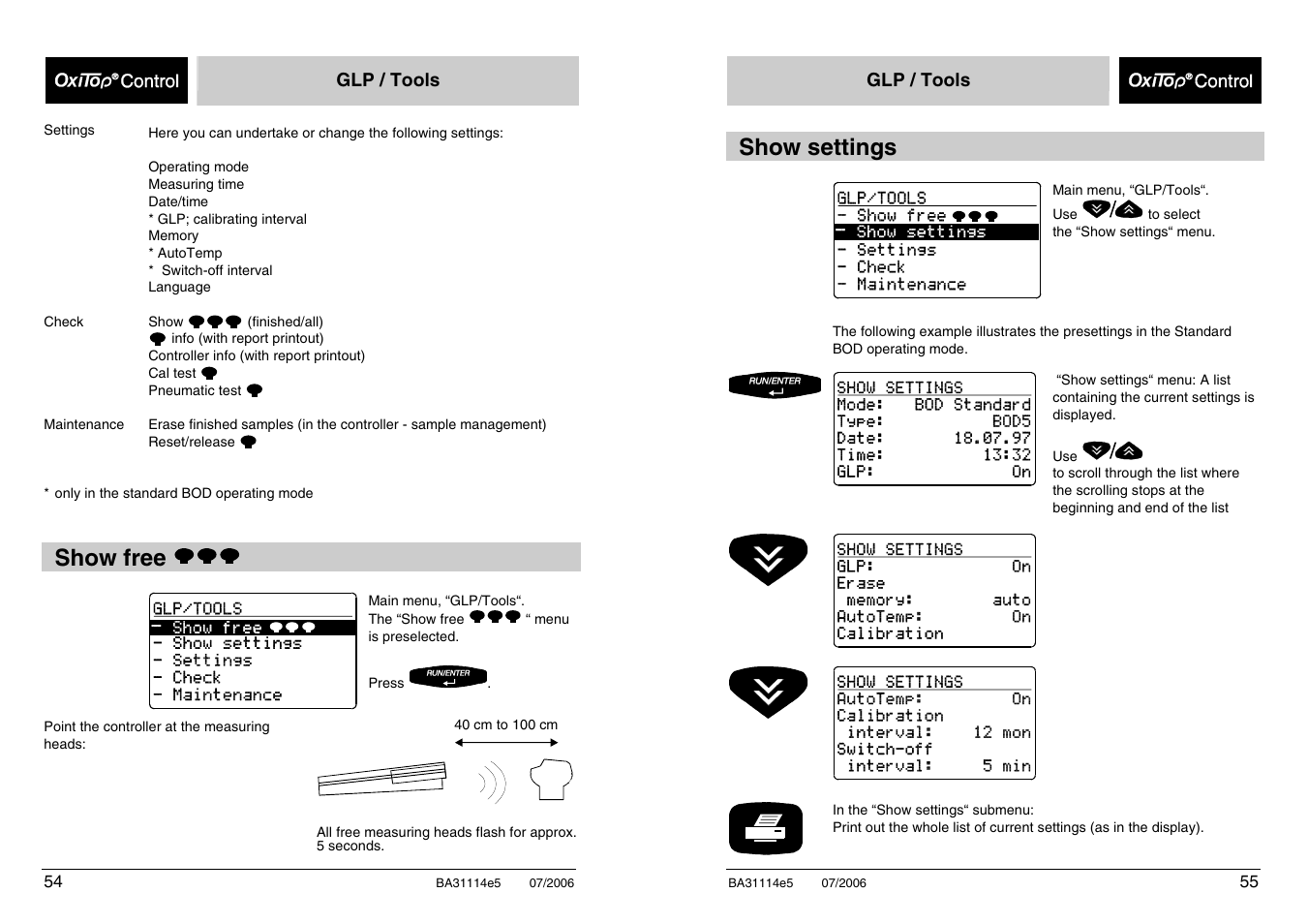 Show free, Show settings | Xylem OxiTopIS OC100 User Manual | Page 55 / 103