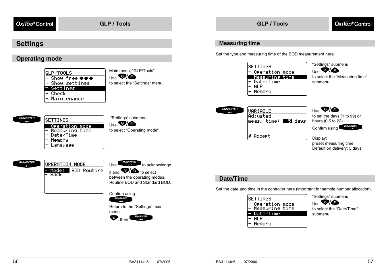 Settings | Xylem OxiTopIS OC100 User Manual | Page 56 / 103