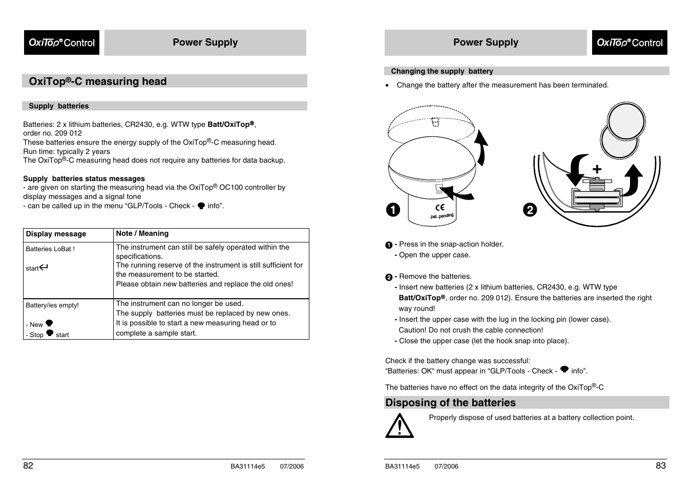 Oxitop, C measuring head, Disposing of the batteries | Xylem OxiTopIS OC100 User Manual | Page 82 / 103