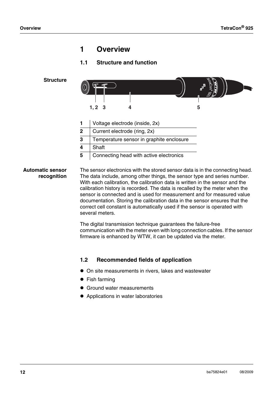 1 overview, 1 structure and function, 2 recommended fields of application | Overview, Structure and function, Recommended fields of application, 1overview | Xylem TetraCon 925 User Manual | Page 4 / 8