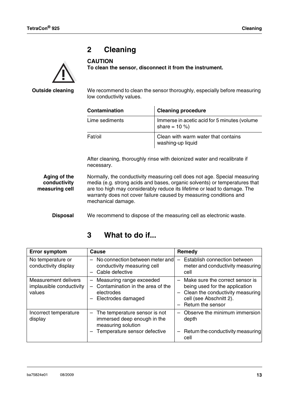 2 cleaning, 3 what to do if, Cleaning | What to do if, 2cleaning, 3what to do if | Xylem TetraCon 925 User Manual | Page 5 / 8