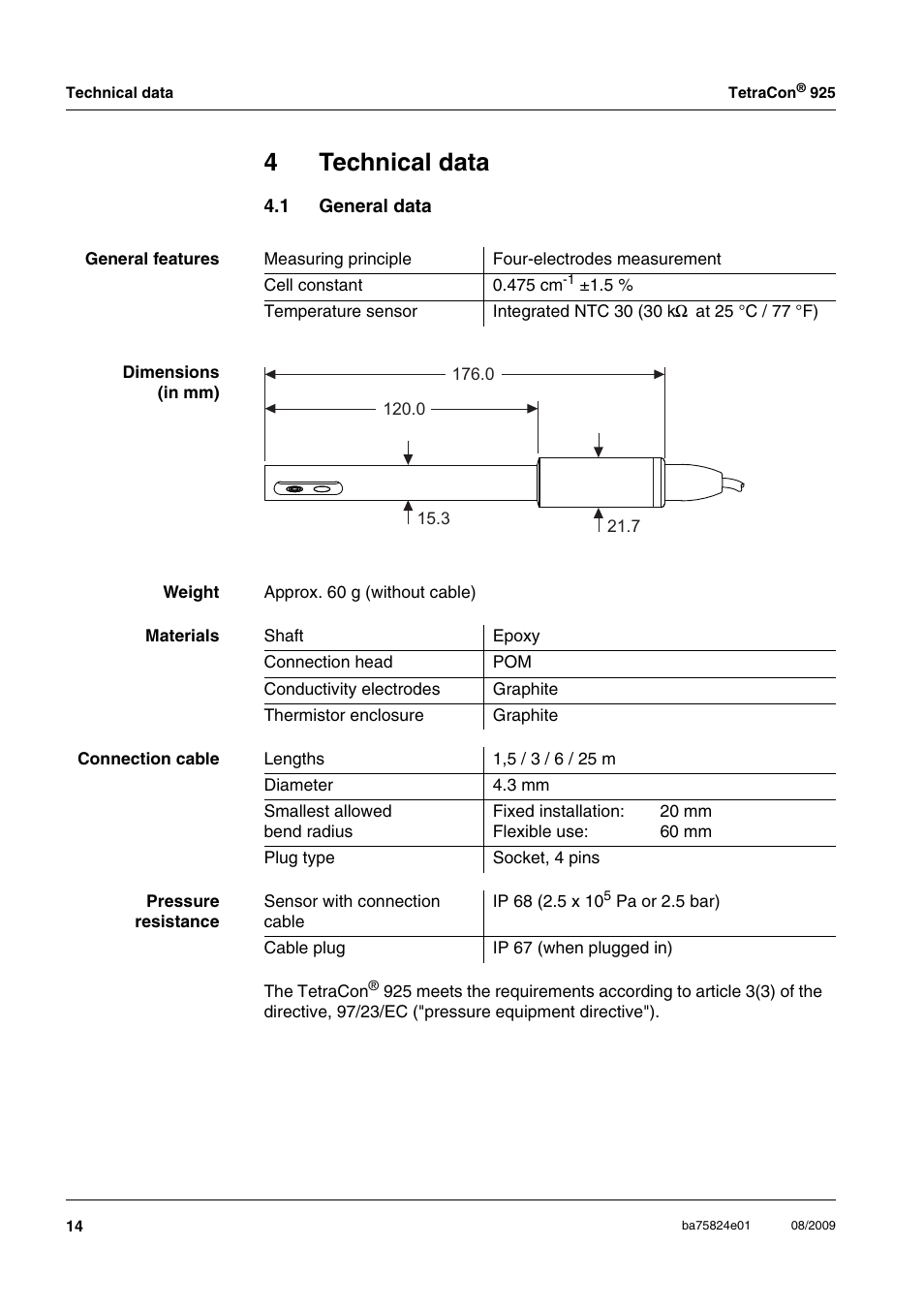 4 technical data, 1 general data, Technical data | General data, 4technical data | Xylem TetraCon 925 User Manual | Page 6 / 8