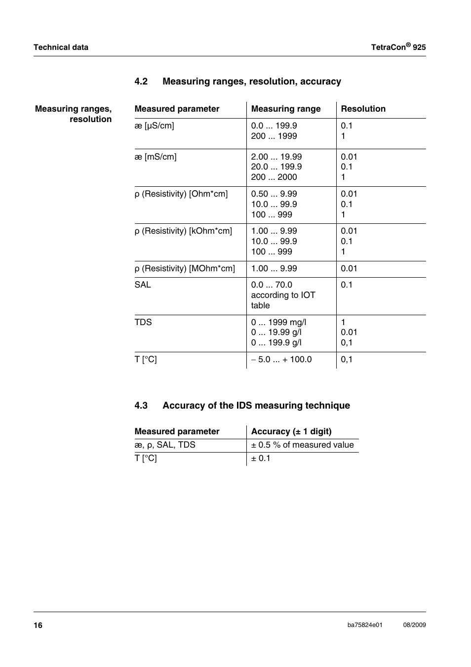 3 accuracy of the ids measuring technique, Measuring ranges, resolution, accuracy, Accuracy of the ids measuring technique | Xylem TetraCon 925 User Manual | Page 8 / 8