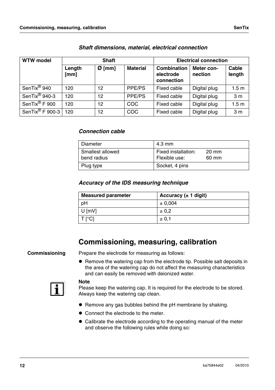 Connection cable, Accuracy of the ids measuring technique, Commissioning, measuring, calibration | Xylem Sentix F 900-3 User Manual | Page 4 / 8