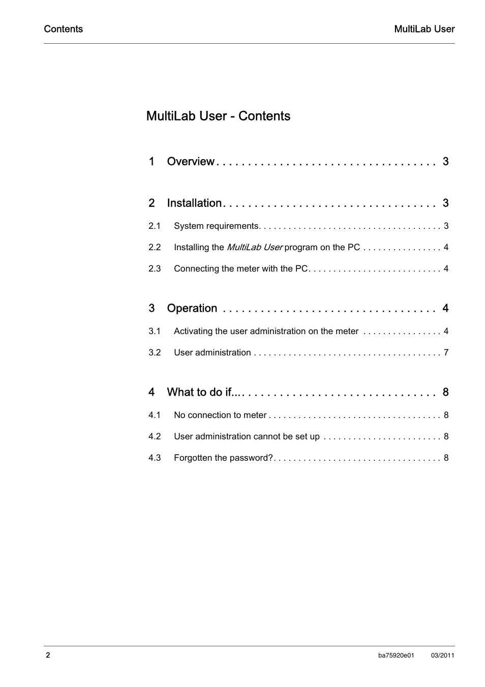 Multilab user - contents, 1 overview 2 installation, 3 operation | 4 what to do if | Xylem MultiLab User User Manual | Page 2 / 10