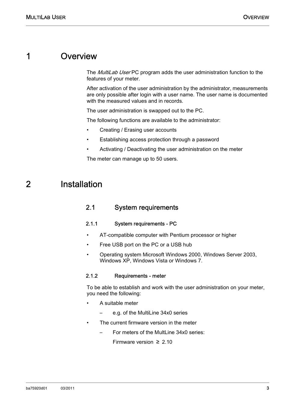 Multilab user, 1 overview, 2 installation | 1 system requirements, 1 system requirements - pc, 2 requirements - meter, System requirements, 1overview, 2installation | Xylem MultiLab User User Manual | Page 3 / 10