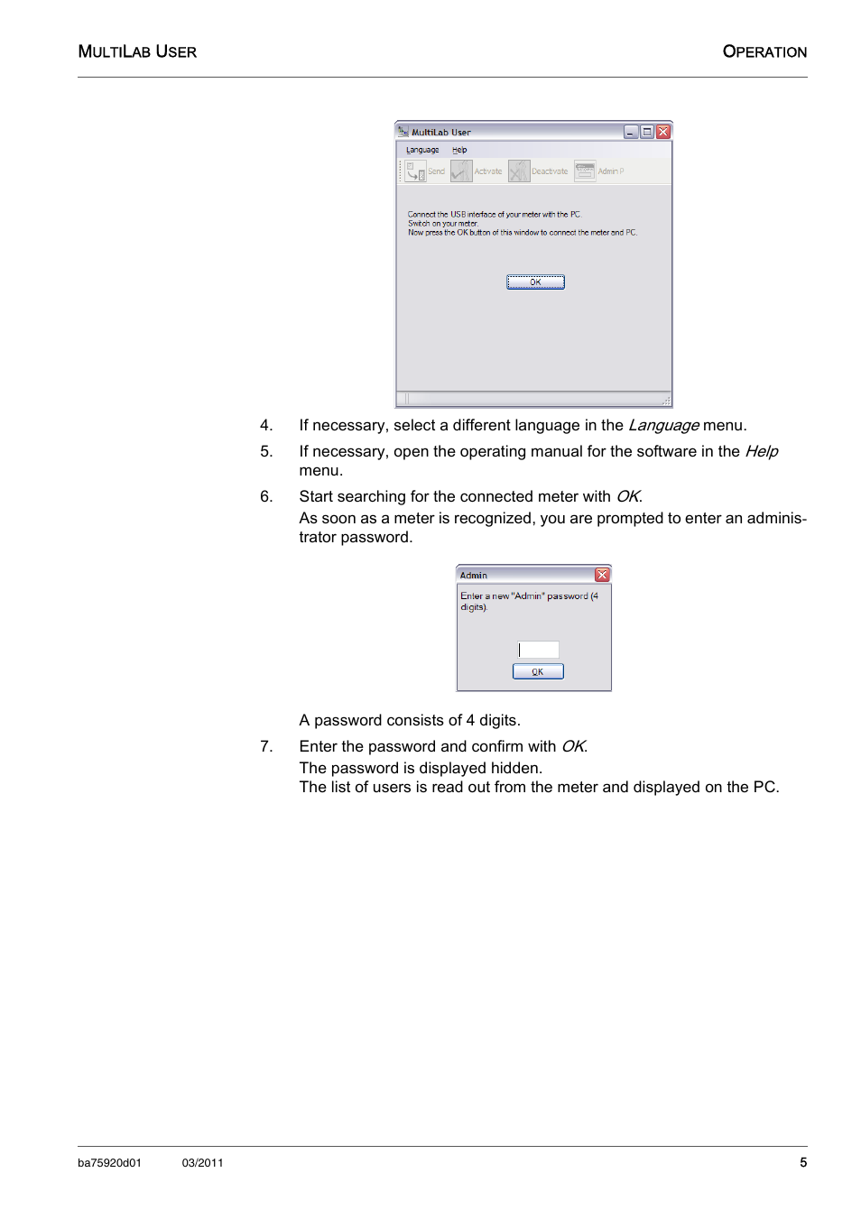 Start searching for the connected meter with ok, Enter the password and confirm with ok | Xylem MultiLab User User Manual | Page 5 / 10