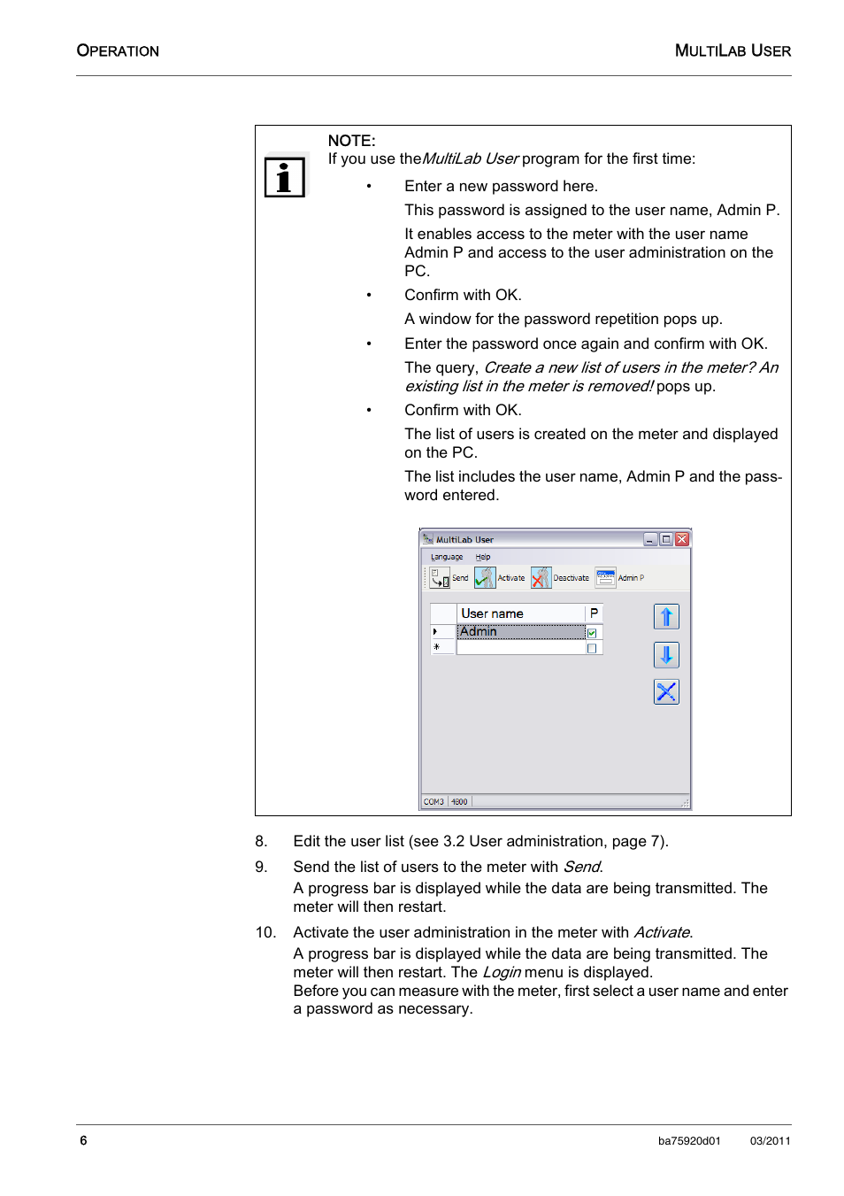 Enter a new password here, Confirm with ok, A window for the password repetition pops up | Enter the password once again and confirm with ok, Send the list of users to the meter with send | Xylem MultiLab User User Manual | Page 6 / 10