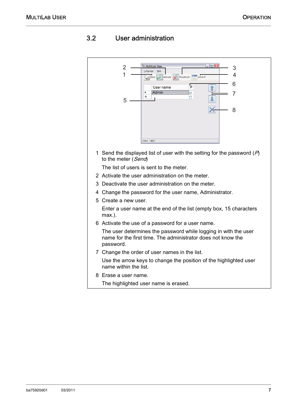 2 user administration, 2 activate the user administration on the meter, 3 deactivate the user administration on the meter | 5 create a new user, 6 activate the use of a password for a user name, 7 change the order of user names in the list, 8 erase a user name, User administration | Xylem MultiLab User User Manual | Page 7 / 10