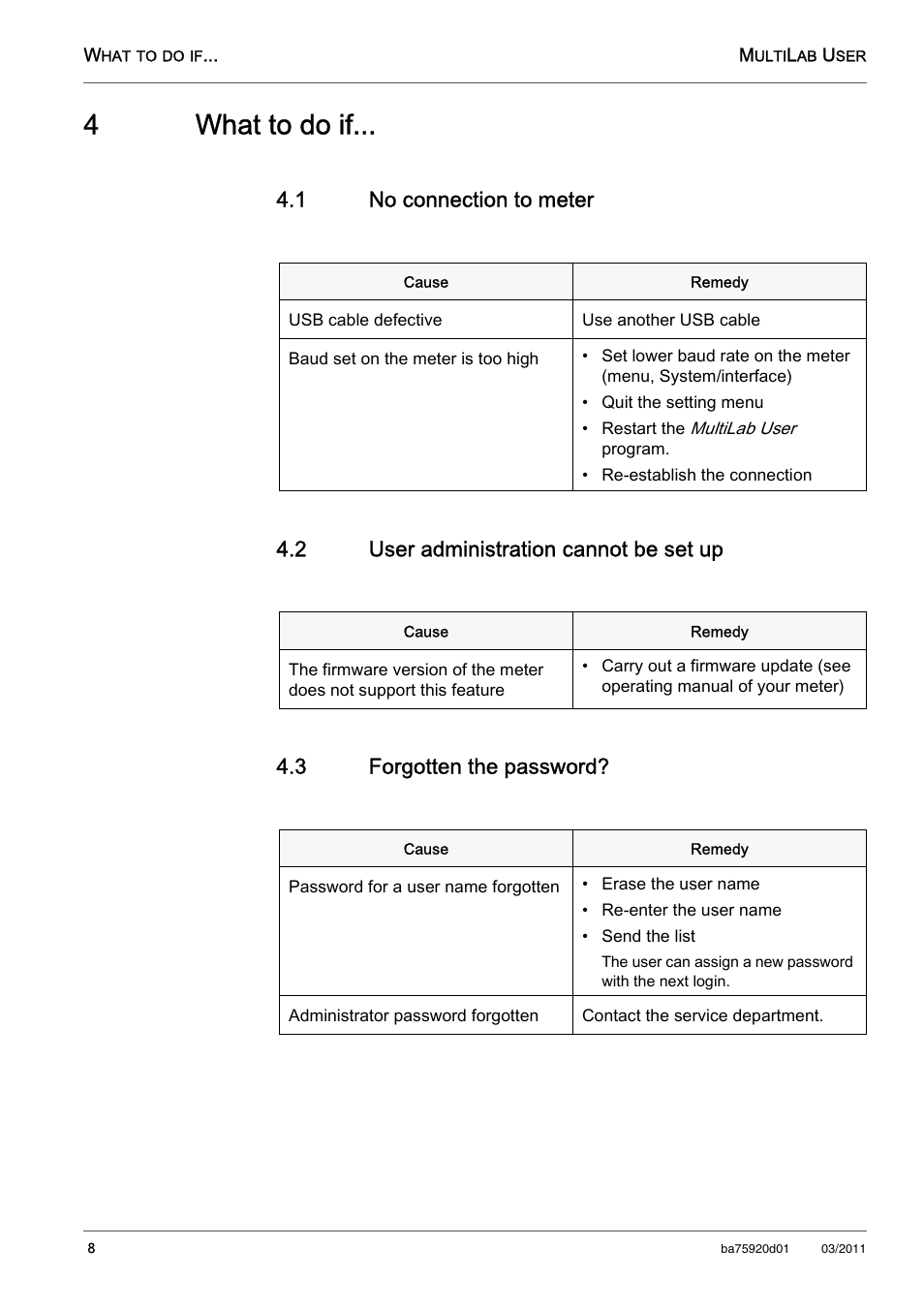 4 what to do if, 1 no connection to meter, 2 user administration cannot be set up | 3 forgotten the password, No connection to meter, User administration cannot be set up, Forgotten the password, 4what to do if | Xylem MultiLab User User Manual | Page 8 / 10
