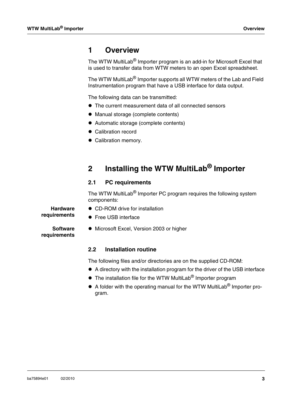 1 overview, 2 installing the wtw multilab® importer, 1 pc requirements | 2 installation routine, 1overview, 2installing the wtw multilab, Importer | Xylem WTW MultiLab Importer User Manual | Page 3 / 10