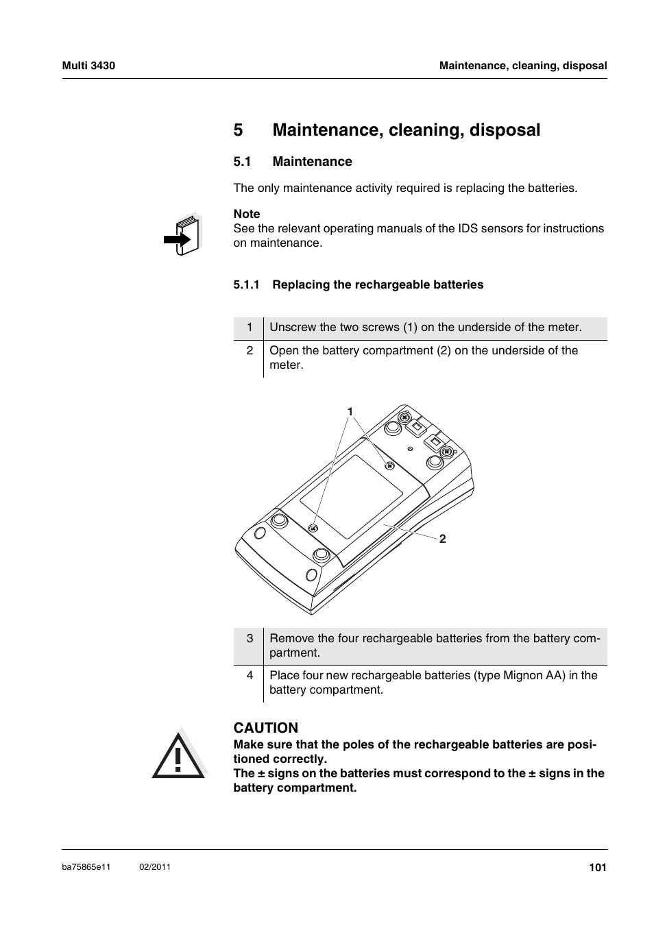 5 maintenance, cleaning, disposal, 1 maintenance, 1 replacing the rechargeable batteries | Maintenance, cleaning, disposal, Maintenance 5.1.1, Replacing the rechargeable batteries, 5maintenance, cleaning, disposal | Xylem Multi 3430 User Manual | Page 101 / 118