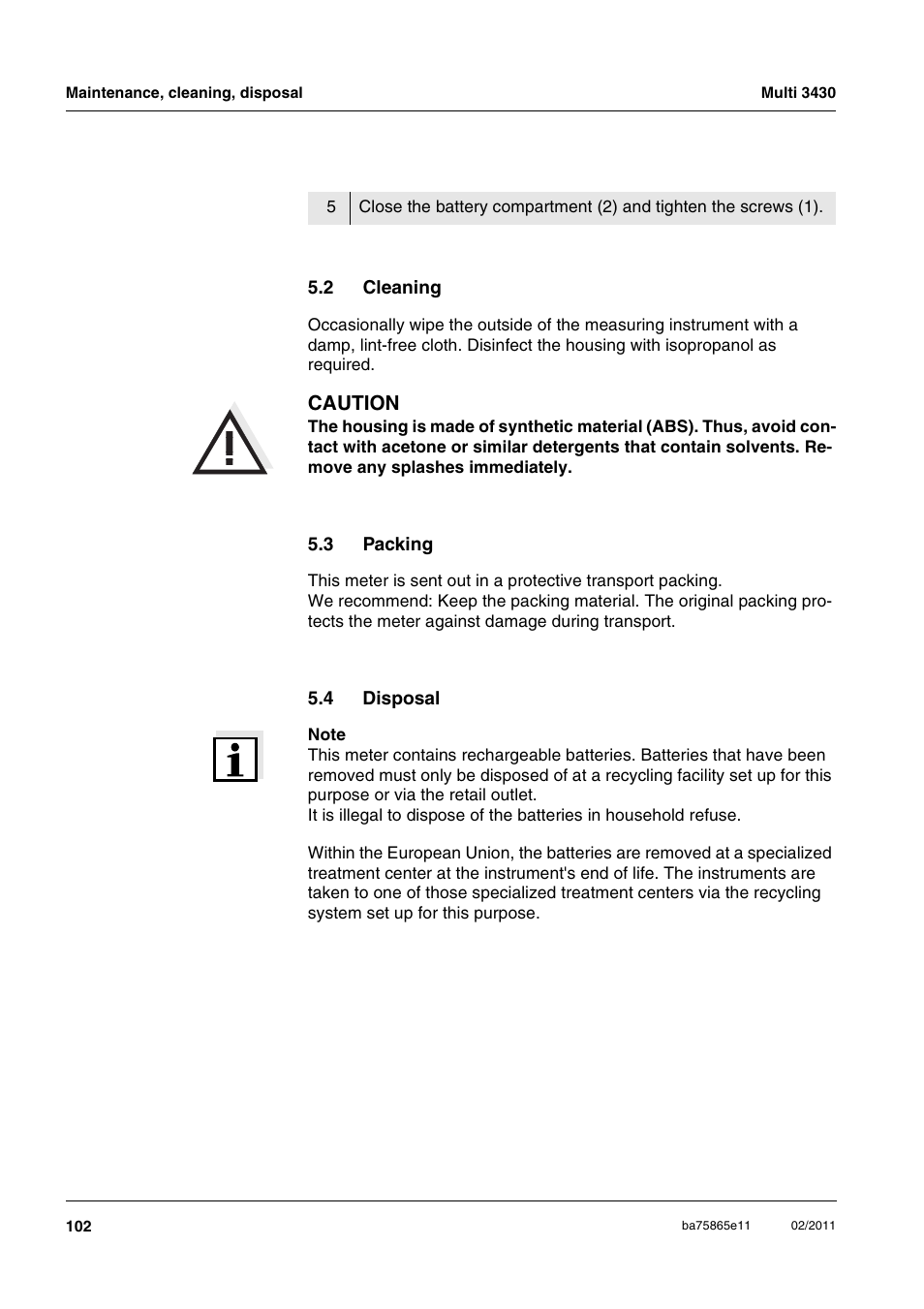 2 cleaning, 3 packing, 4 disposal | Cleaning, Packing, Disposal | Xylem Multi 3430 User Manual | Page 102 / 118