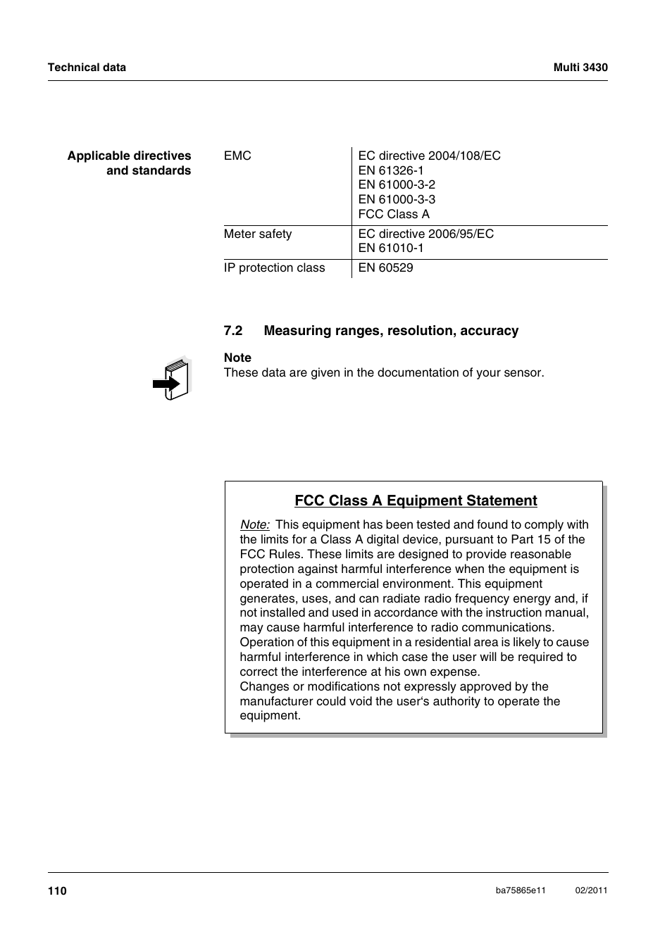 2 measuring ranges, resolution, accuracy, Measuring ranges, resolution, accuracy, Fcc class a equipment statement | Xylem Multi 3430 User Manual | Page 110 / 118