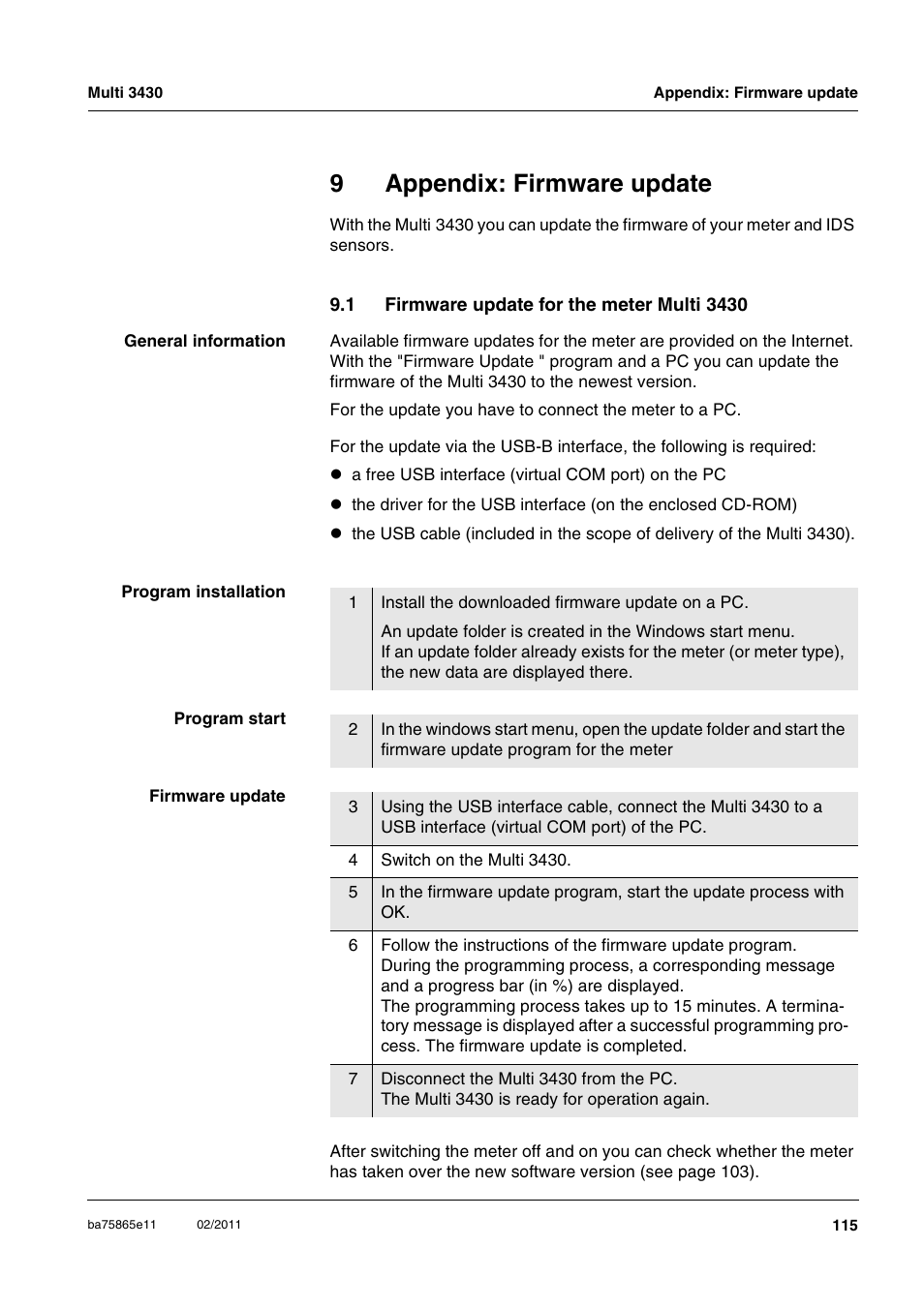 9 appendix: firmware update, 1 firmware update for the meter multi 3430, Appendix: firmware update | Firmware update for the meter multi 3430, 9appendix: firmware update | Xylem Multi 3430 User Manual | Page 115 / 118