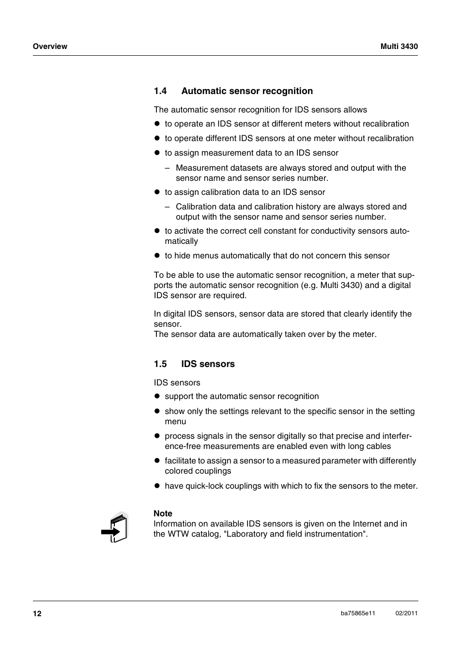 4 automatic sensor recognition, 5 ids sensors, Automatic sensor recognition | Ids sensors | Xylem Multi 3430 User Manual | Page 12 / 118