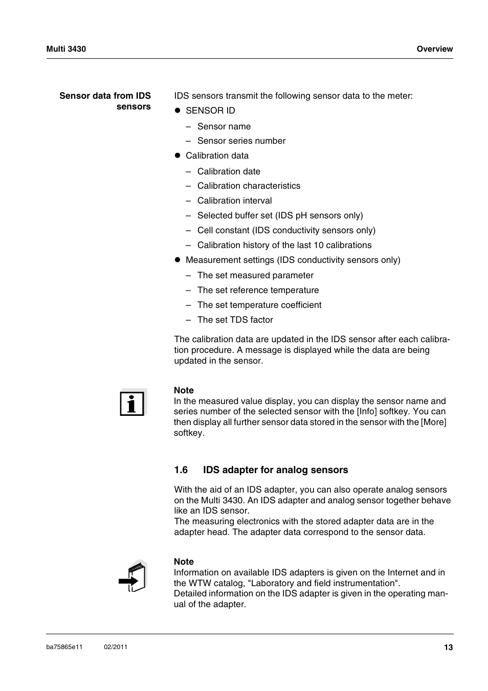 6 ids adapter for analog sensors, Ids adapter for analog sensors | Xylem Multi 3430 User Manual | Page 13 / 118