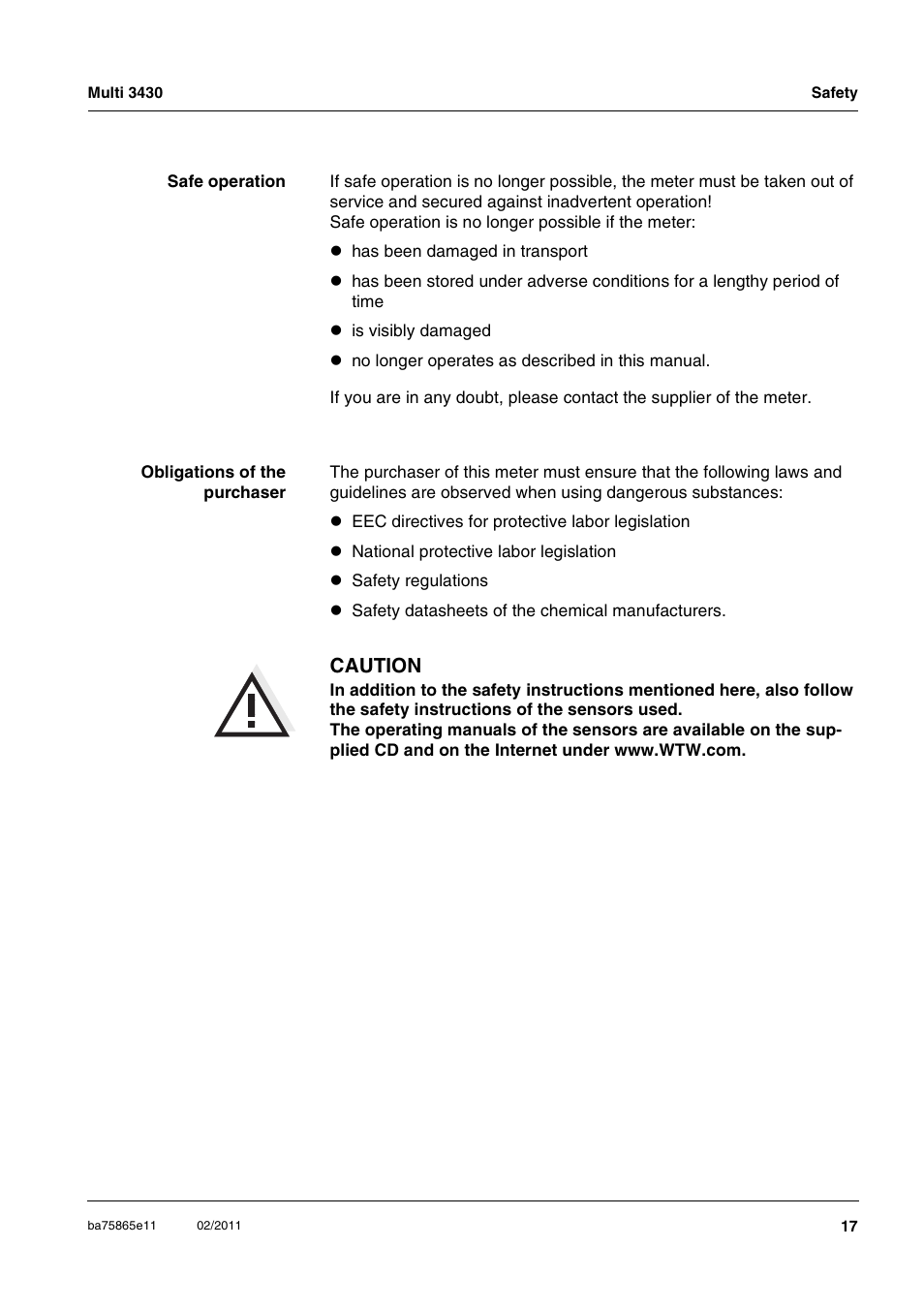Caution | Xylem Multi 3430 User Manual | Page 17 / 118
