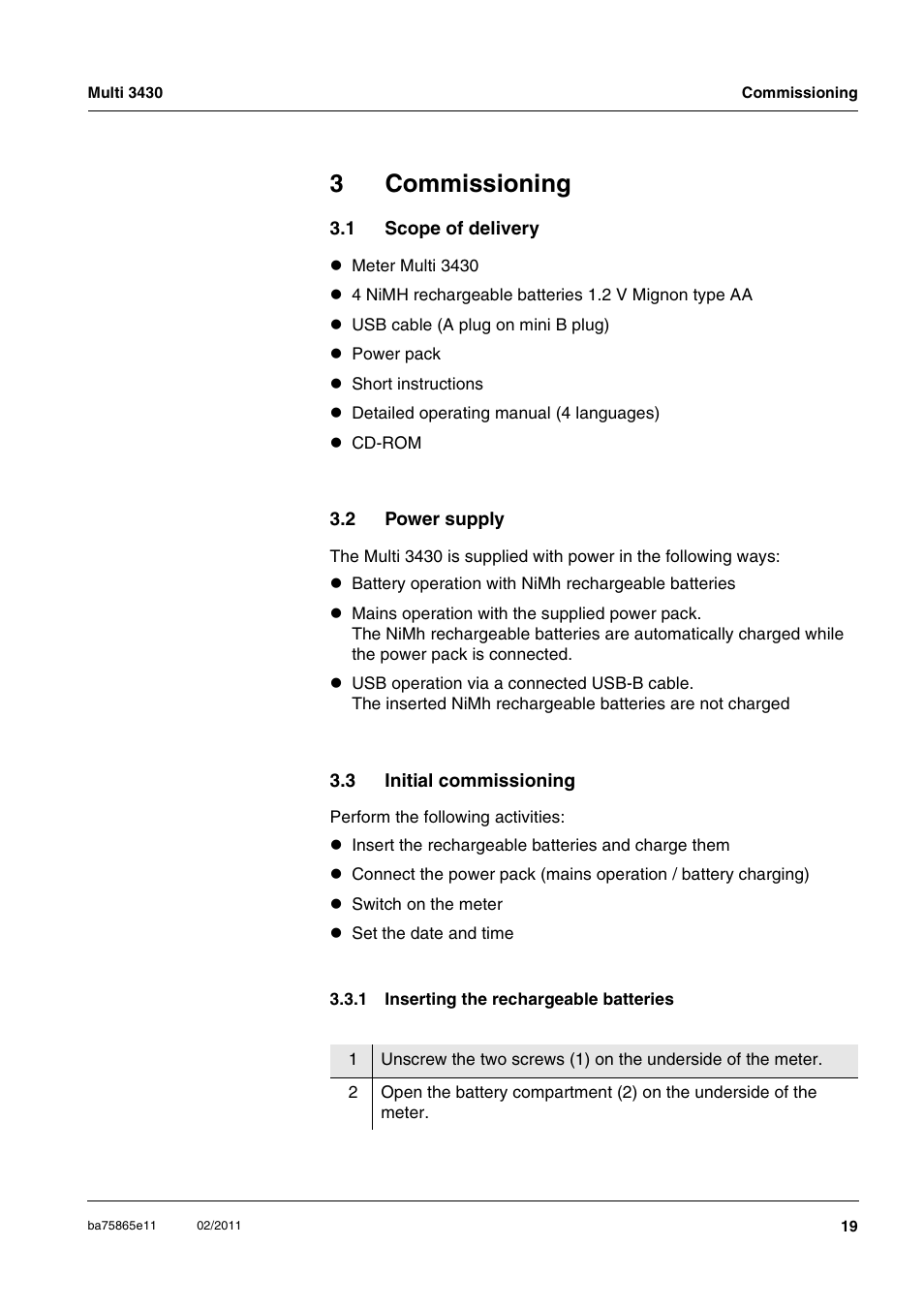 3 commissioning, 1 scope of delivery, 2 power supply | 3 initial commissioning, 1 inserting the rechargeable batteries, Commissioning, Scope of delivery, Power supply, Initial commissioning 3.3.1, Inserting the rechargeable batteries | Xylem Multi 3430 User Manual | Page 19 / 118