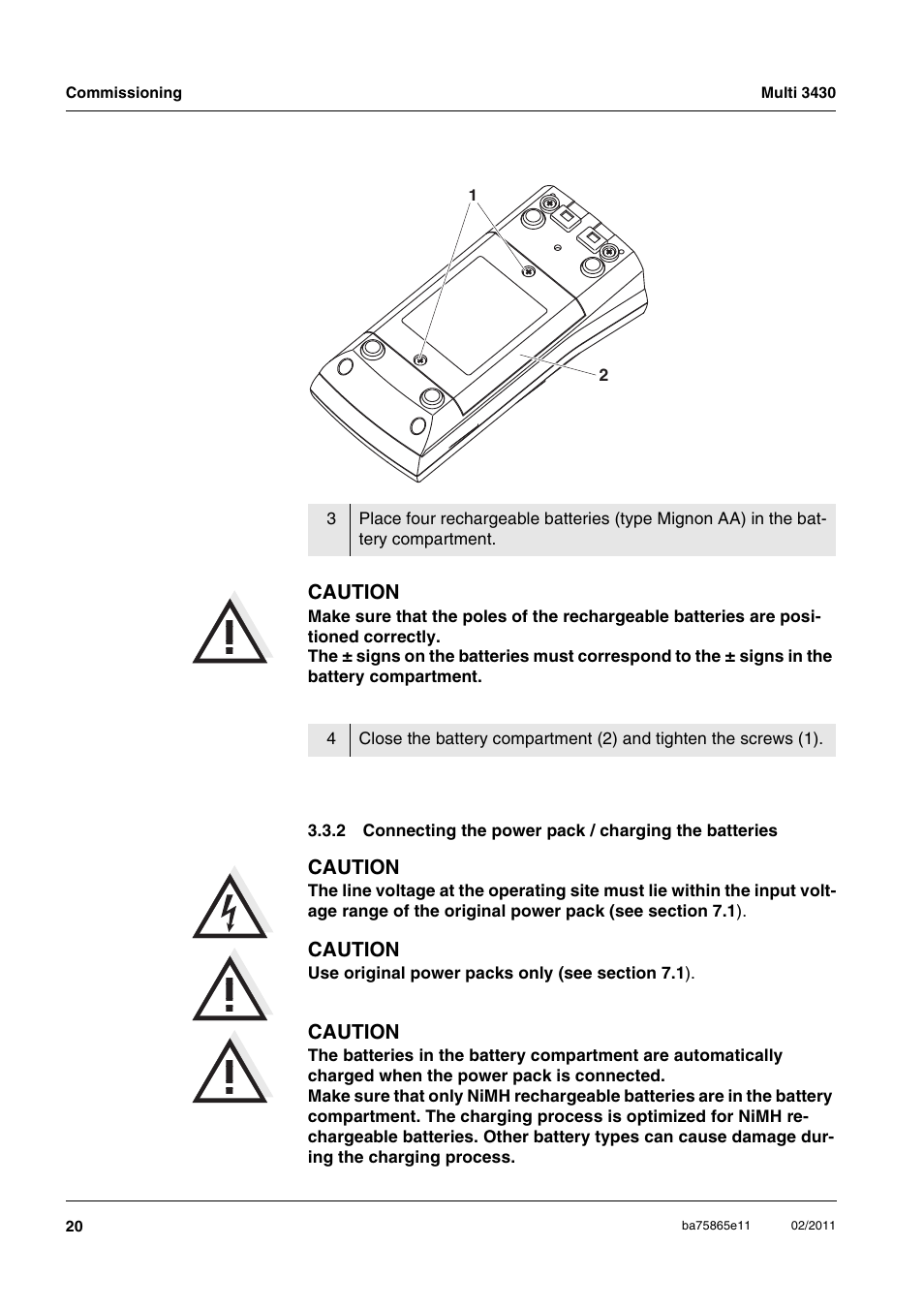 Connecting the power pack / charging the batteries | Xylem Multi 3430 User Manual | Page 20 / 118