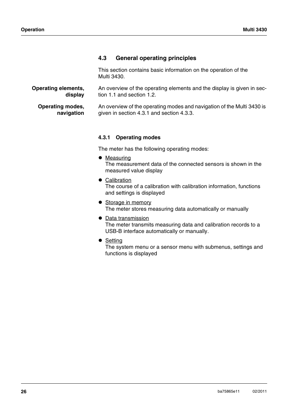 3 general operating principles, 1 operating modes, General operating principles 4.3.1 | Operating modes | Xylem Multi 3430 User Manual | Page 26 / 118