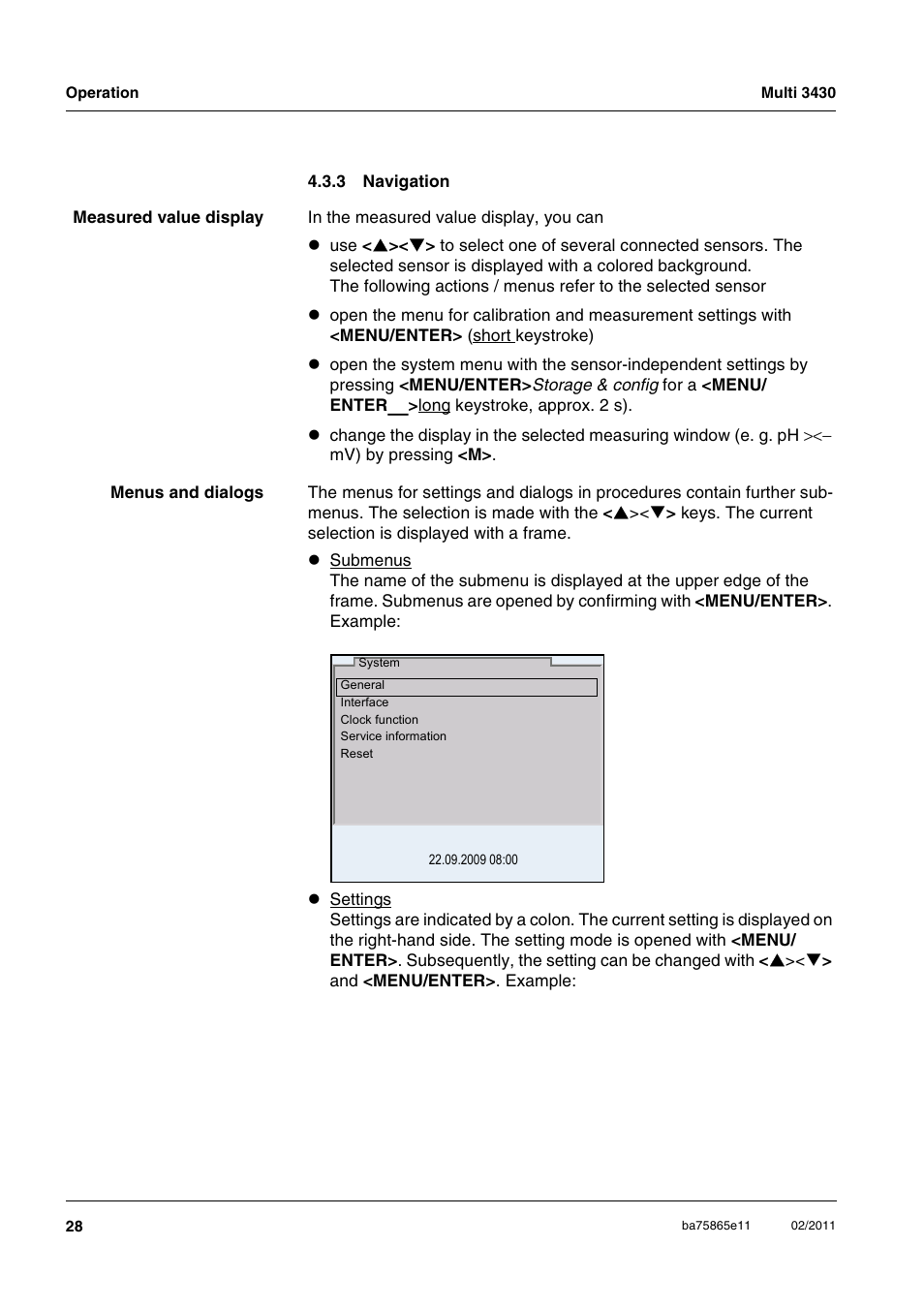 3 navigation, Navigation, Section 4.3.3 | Xylem Multi 3430 User Manual | Page 28 / 118