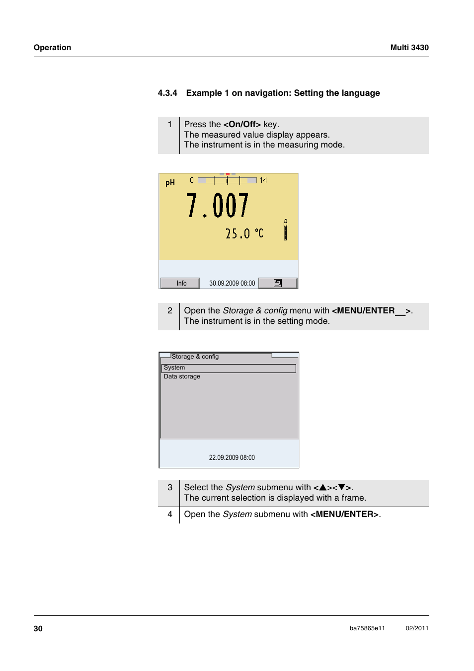 4 example 1 on navigation: setting the language, Example 1 on navigation: setting the language. 30 | Xylem Multi 3430 User Manual | Page 30 / 118