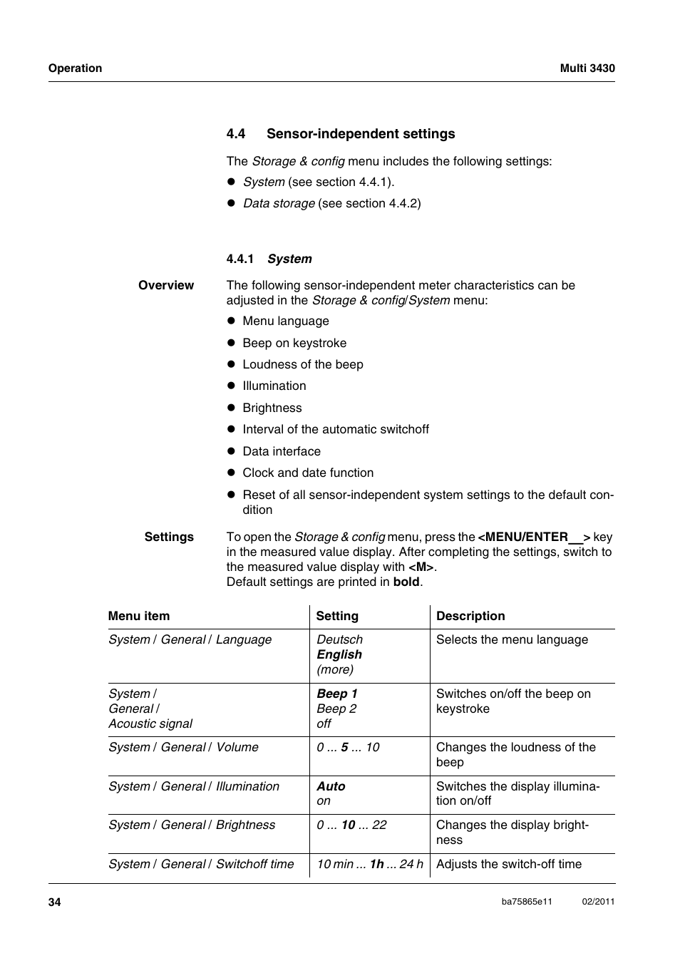 4 sensor-independent settings, 1 system, Sensor-independent settings 4.4.1 | Xylem Multi 3430 User Manual | Page 34 / 118