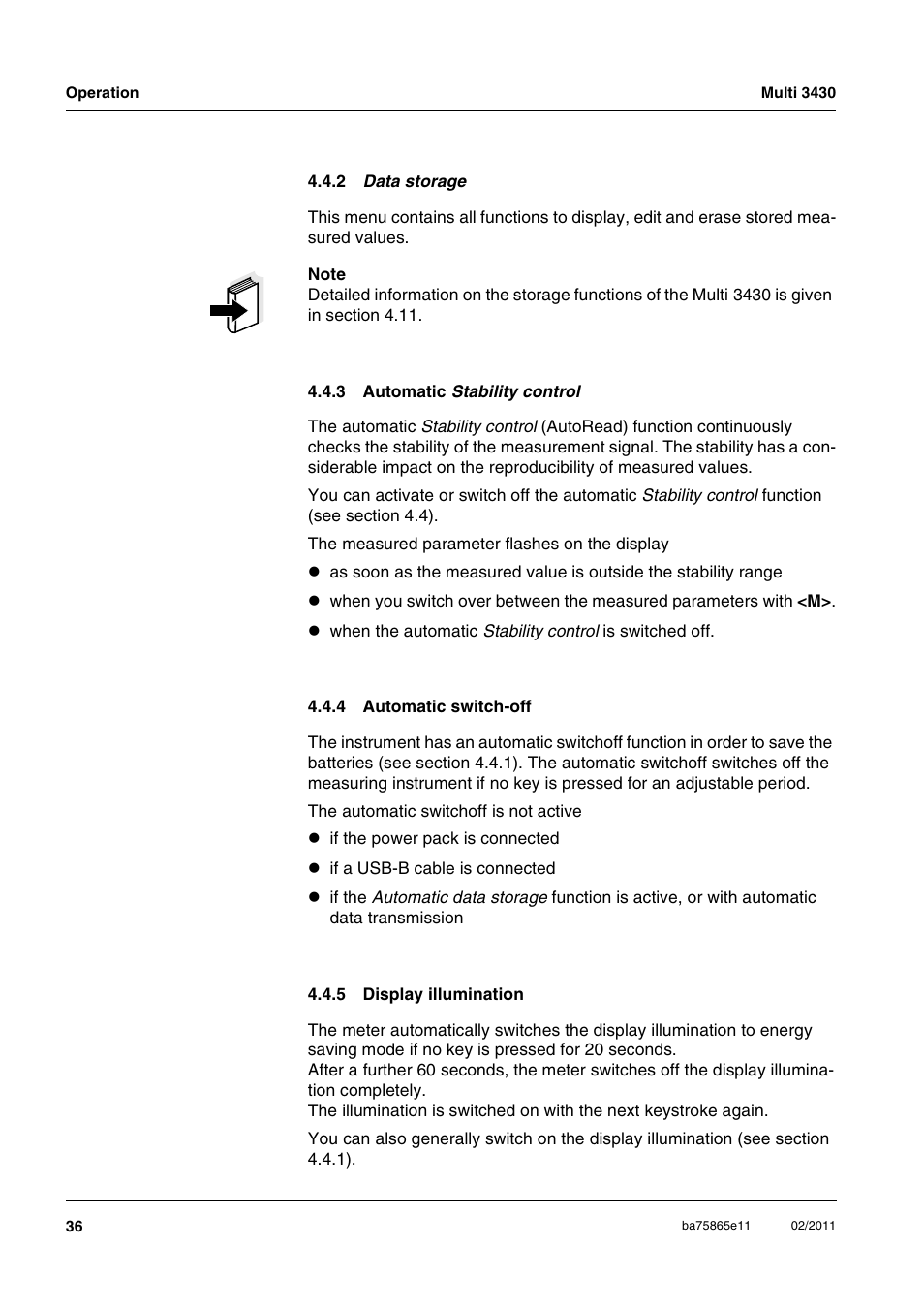 2 data storage, 3 automatic stability control, 4 automatic switch-off | 5 display illumination, Automatic, Automatic switch-off, Display illumination, Section 4.4.3) | Xylem Multi 3430 User Manual | Page 36 / 118