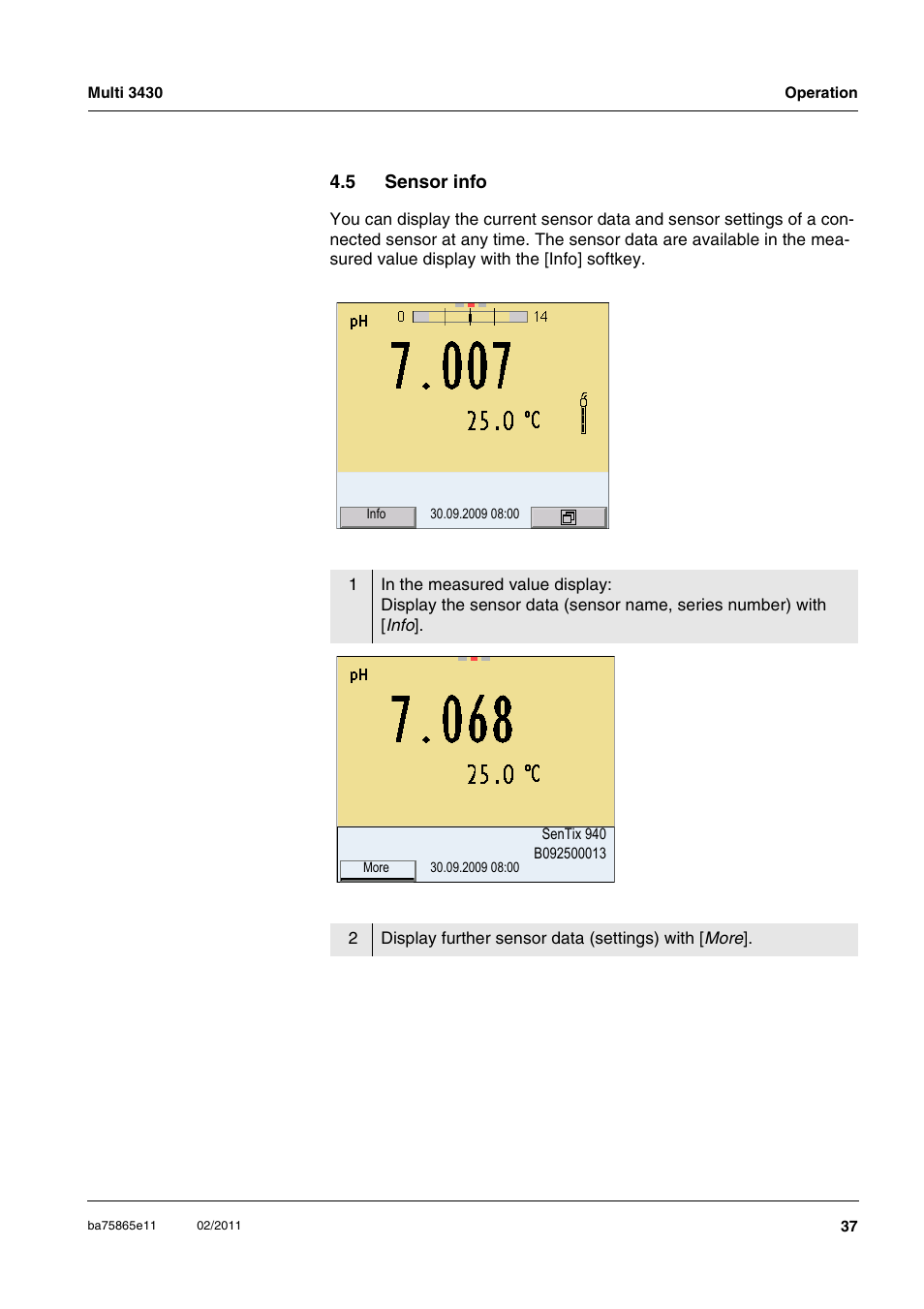 5 sensor info, Sensor info | Xylem Multi 3430 User Manual | Page 37 / 118
