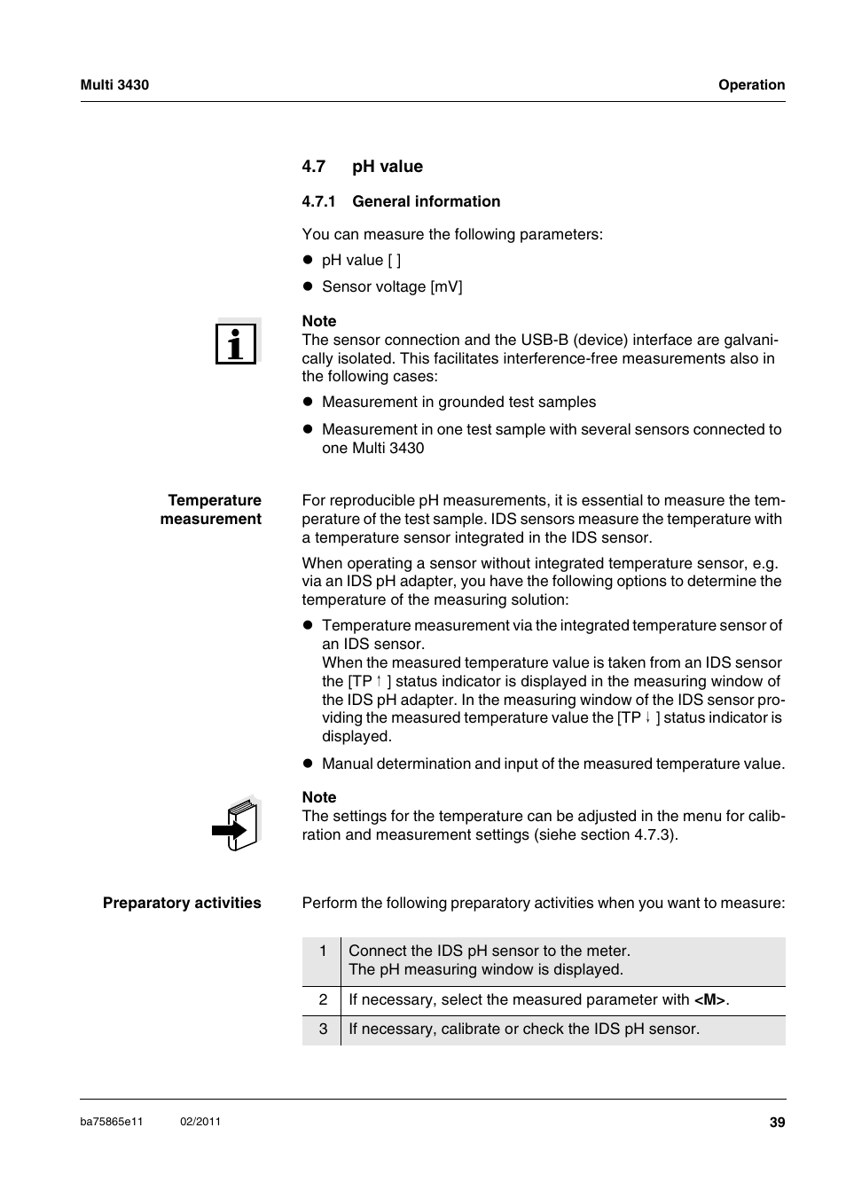 7 ph value, 1 general information, Ph value 4.7.1 | General information | Xylem Multi 3430 User Manual | Page 39 / 118