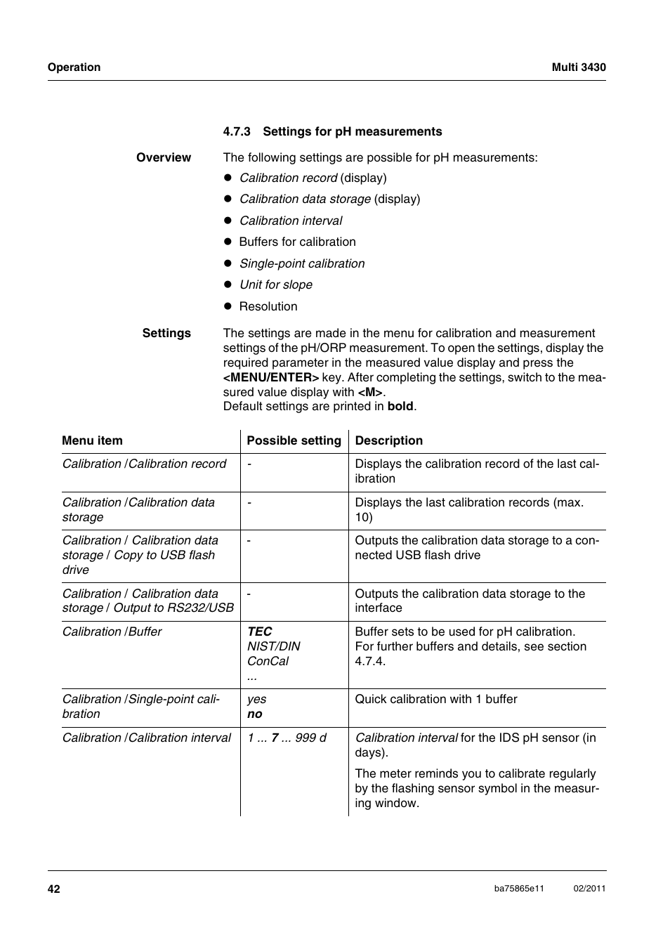 3 settings for ph measurements, Settings for ph measurements | Xylem Multi 3430 User Manual | Page 42 / 118
