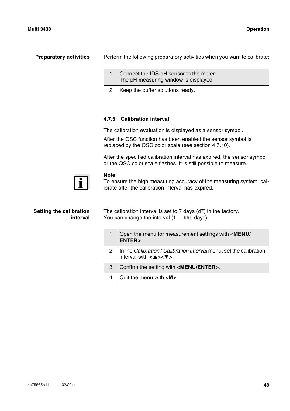 5 calibration interval, Calibration interval | Xylem Multi 3430 User Manual | Page 49 / 118