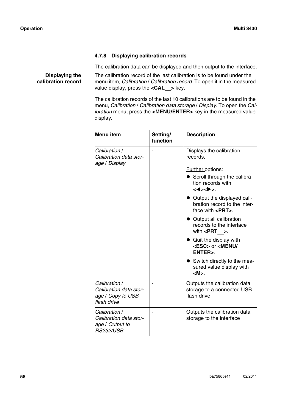 8 displaying calibration records, Displaying calibration records | Xylem Multi 3430 User Manual | Page 58 / 118