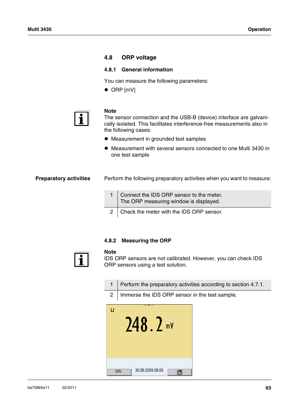 8 orp voltage, 1 general information, 2 measuring the orp | Orp voltage 4.8.1, General information, Measuring the orp | Xylem Multi 3430 User Manual | Page 63 / 118