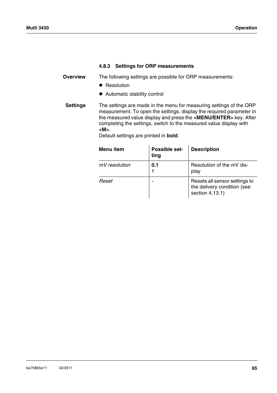 3 settings for orp measurements, Settings for orp measurements | Xylem Multi 3430 User Manual | Page 65 / 118