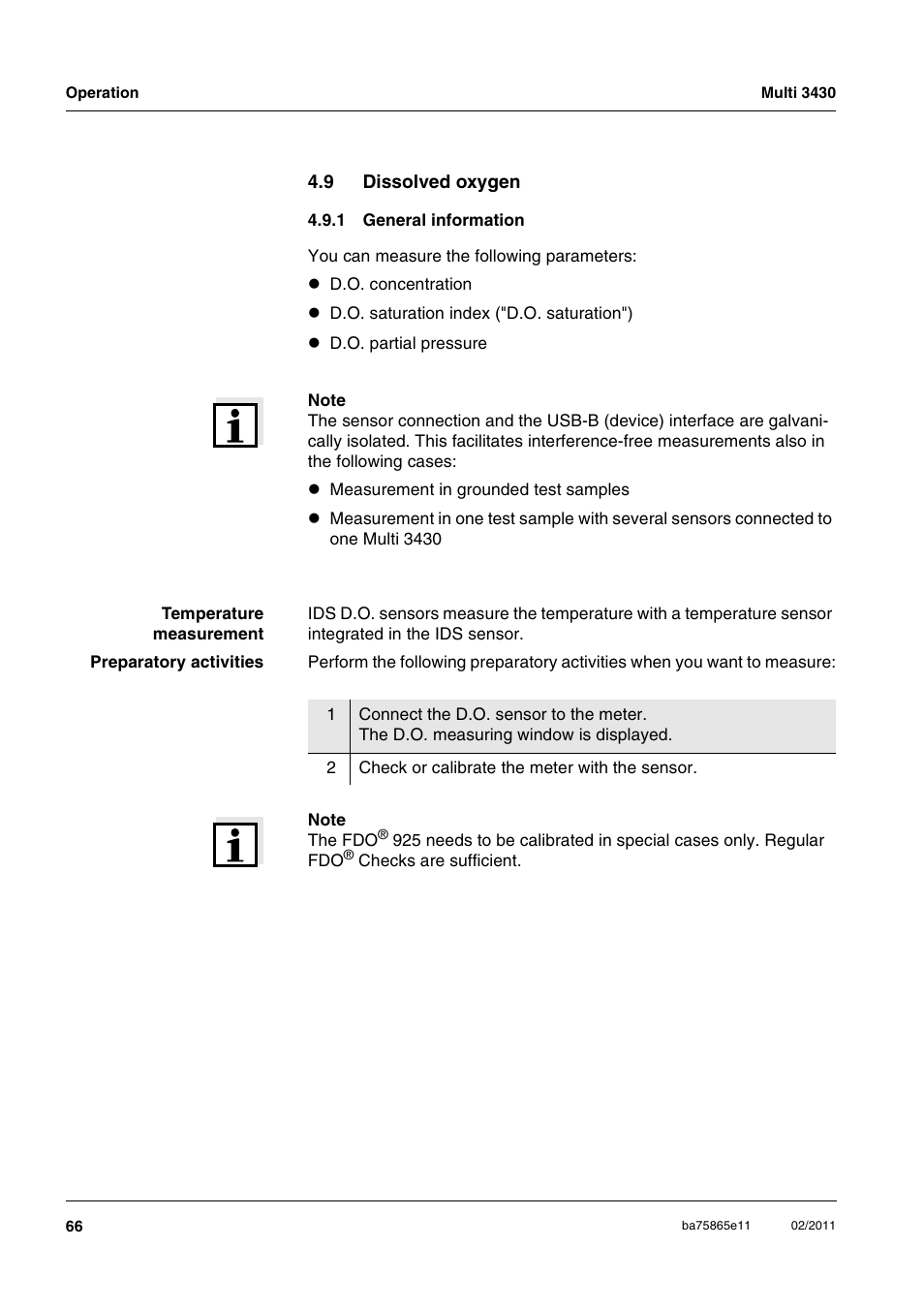 9 dissolved oxygen, 1 general information, Dissolved oxygen 4.9.1 | General information | Xylem Multi 3430 User Manual | Page 66 / 118