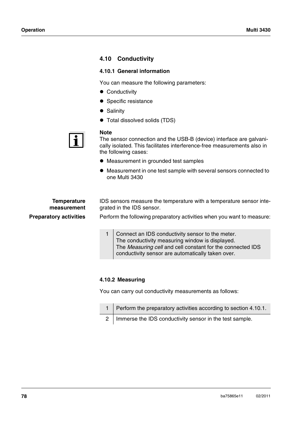 10 conductivity, 1 general information, 2 measuring | 1 general information 4.10.2 measuring | Xylem Multi 3430 User Manual | Page 78 / 118