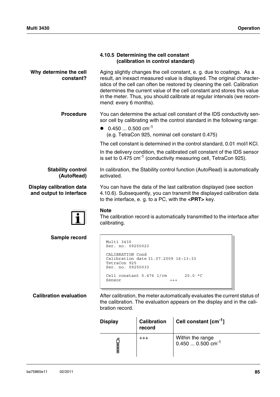 5 determining the cell constant, Calibration in control standard) | Xylem Multi 3430 User Manual | Page 85 / 118