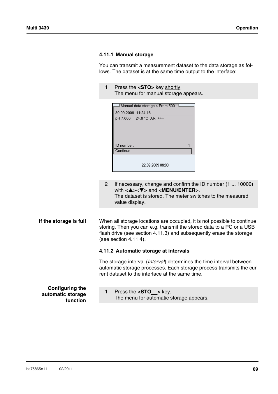 1 manual storage, 2 automatic storage at intervals | Xylem Multi 3430 User Manual | Page 89 / 118