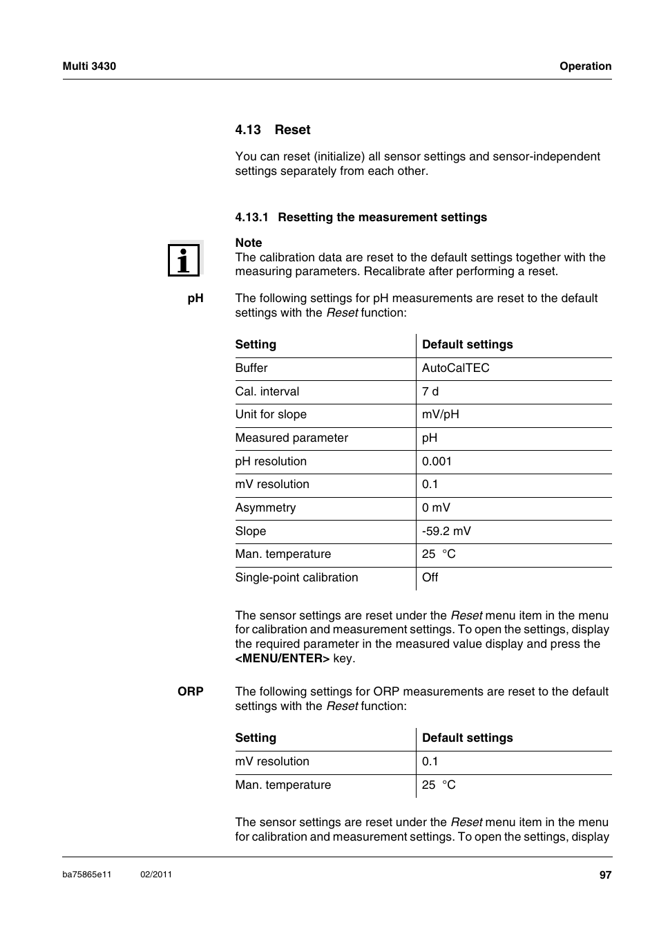 13 reset, 1 resetting the measurement settings | Xylem Multi 3430 User Manual | Page 97 / 118