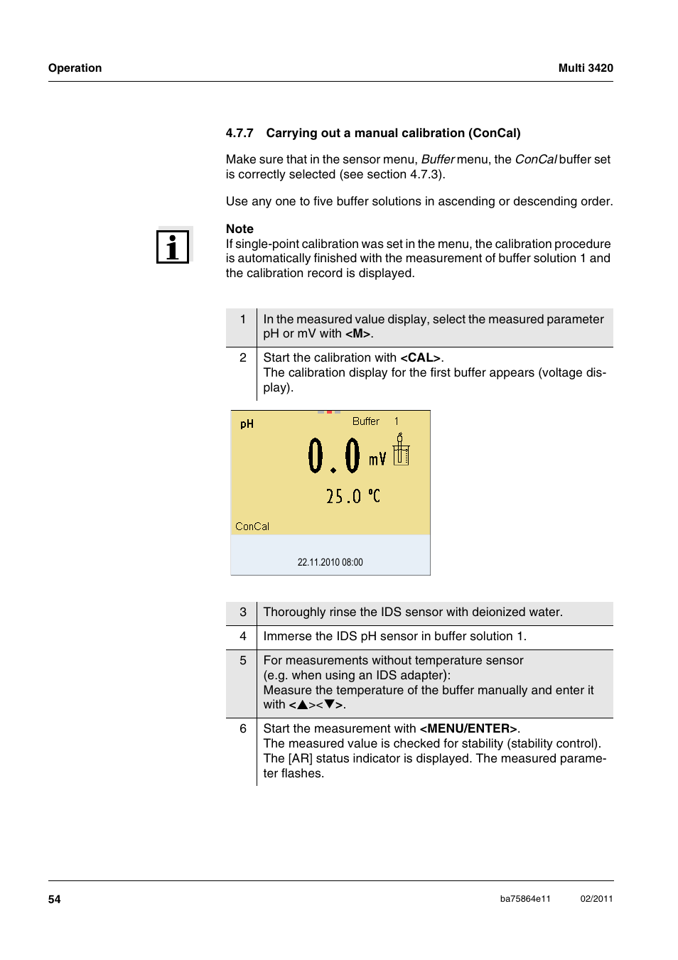 7 carrying out a manual calibration (concal), Carrying out a manual calibration (concal) | Xylem Multi 3420 User Manual | Page 54 / 118