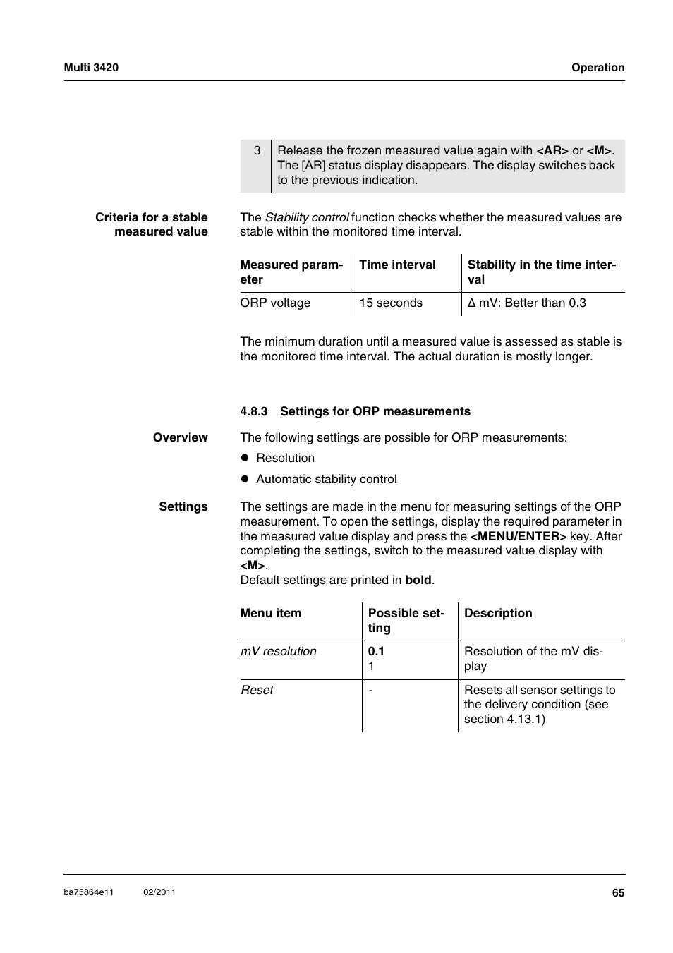 3 settings for orp measurements, Settings for orp measurements | Xylem Multi 3420 User Manual | Page 65 / 118