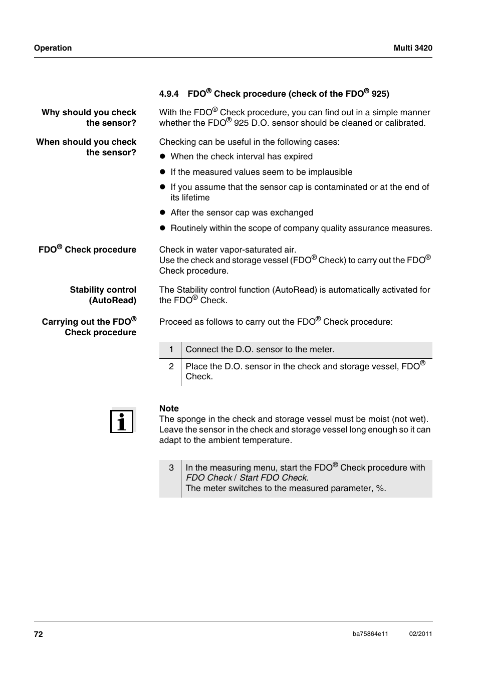 4 fdo® check procedure (check of the fdo® 925) | Xylem Multi 3420 User Manual | Page 72 / 118