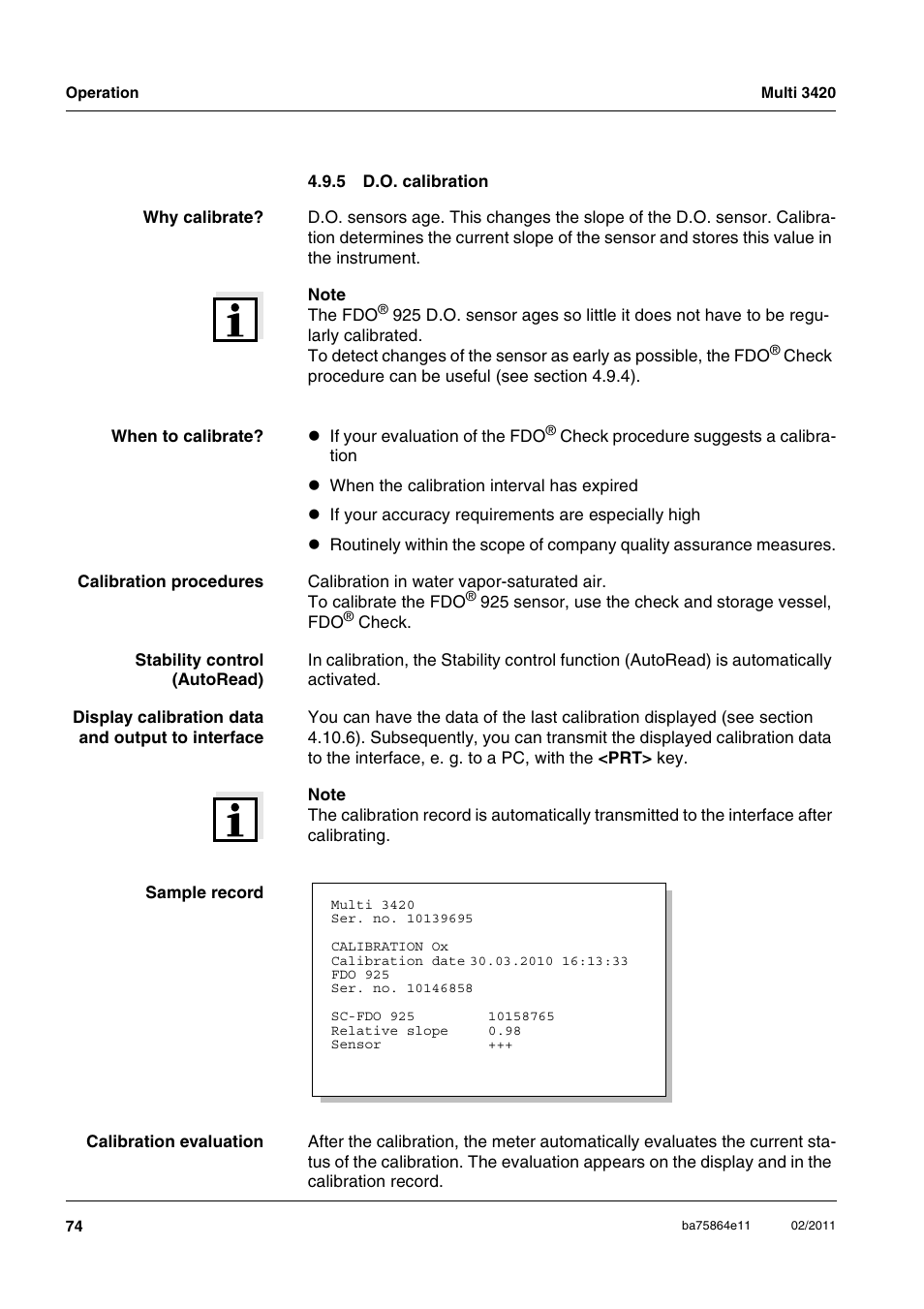 5 d.o. calibration, D.o. calibration | Xylem Multi 3420 User Manual | Page 74 / 118