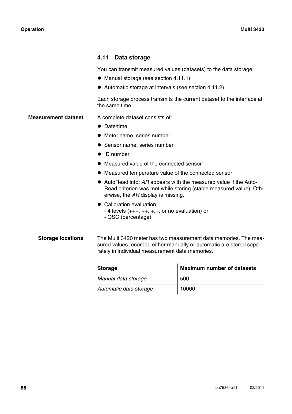 11 data storage, In section 4.11 | Xylem Multi 3420 User Manual | Page 88 / 118